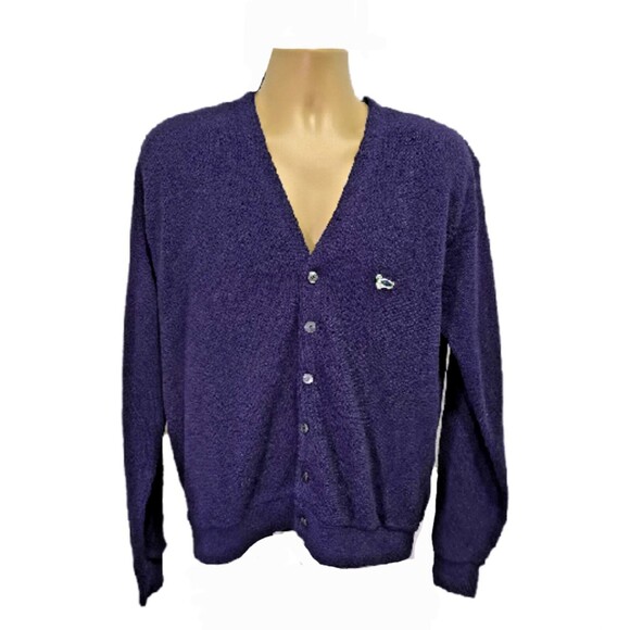 Vtg 70s Purple Blue Cardigan Sweater Mens XL Cobain Turtle Preppy Knit Academia - Picture 7 of 7